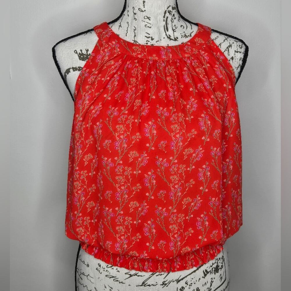 Rose+Olive Red Floral Sleeveless Halter Blouse Keyhole Back Elastic Waistband XS